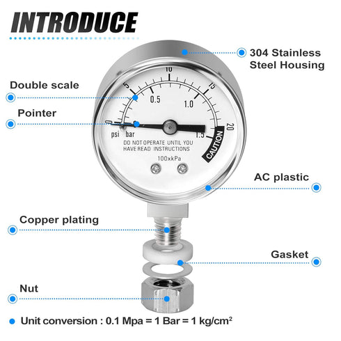 MEANLIN MEASURE Stainless Steel Pressure Cooker Gauge, 0-20Psi 2" Dial Face, Lower Mount Pressure Tank Table