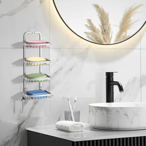 4 4 Tier Soap Bar Holder for Shower, Aluminum Wall Mounted Rustproof Soap Holder with Hooks and Razor Holder, Shower