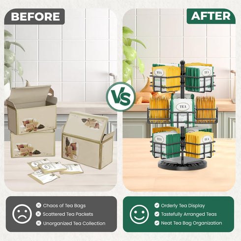 Counter 3 Packet EsLuker.ly Tea Bag Holder Organizer for Tier Metal Teabag Storage Rack, Spinning Carousel Display