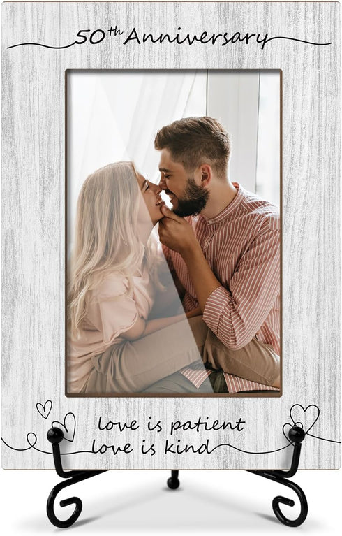 Wooden Photo Frame with Iron Stand, Anniversary Wedding Gifts for Mr And Mrs Couples, Home Table Decoration (4x6"
