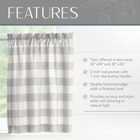 Elrene Home Fashions Buffalo-Check Tier Curtain Set, 30" x 24" (Set of 2 Tiers), Gray/White for Bathroom or Kitchen