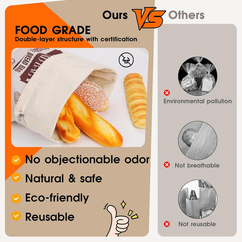 2 Pack, 17x13 Inch 17x13 Inches Beeswax Bread Bags Reusable Large Bread Storage Bags with Secure Buckle, Natural Cotton