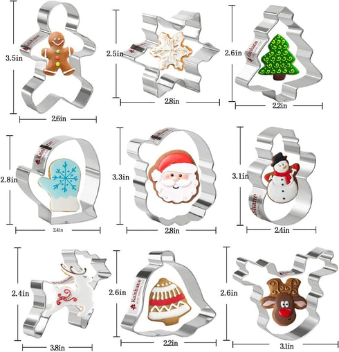 Christmas Cookie Cutters Set of 9, Stainless Steel Shapes including Star, Tree, Angel, Bell & More