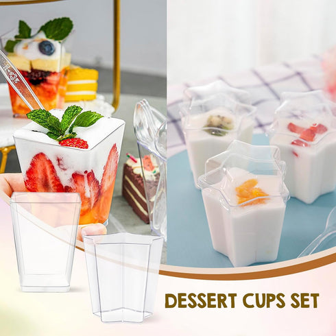 450 Pack 3 (5/6oz) Plastic Dessert Cups With Lids and Spoons - Square/Round/Five-Pointed Star Styles Clear Parfait Cups