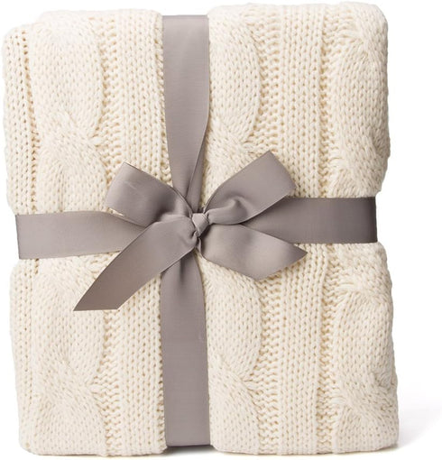 Battilo Cream Ivory Cable Knit Throw Blanket for Couch, Super Soft Warm Cozy Decorative Knitted Throw 50"x60"