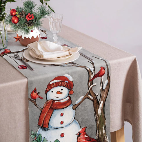 13x108 Inch Christmas Red Bird Branch Table Runner Snowman Cardinal Burlap Table Runners, Winter Xmas Seasonal Coffee