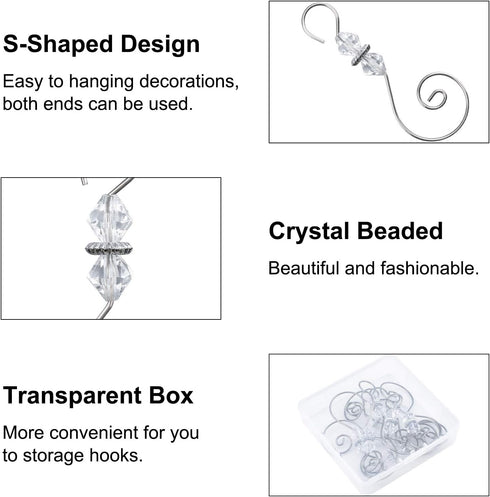 INCREWAY 30 PCS Ornament Hooks, Silver S-Shaped Hangers with Crystal Beaded for Christmas Tree Hanger Metal Hooks