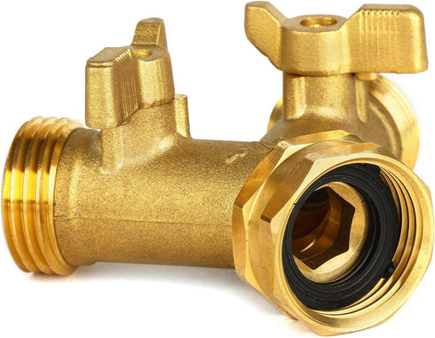 AuySier 2 Garden Hose Splitter Way Heavy Duty, Brass Faucet Adapter With Long Handle For Gardening Water Hose Shut Off