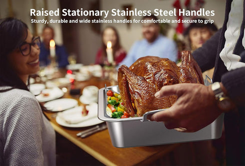 Skyflame Roasting Pan with Rack - Stainless Steel Rectangular Barbecue Bakeware with Nonstick U-Rack for Indoor/Outdoor