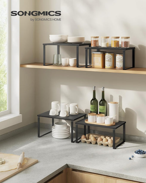 SONGMICS Set of 4 Cabinet Organizer Shelves, Stackable Kitchen Storage, Spice Rack in Ink Black and Ebony Black