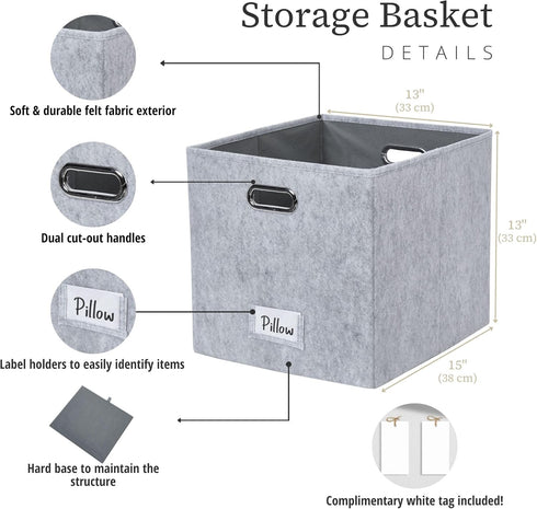 DECOMOMO Storage Basket 13x15x13 Cube Bins with Label Holder, Felt Fabric Storage Cubes for Shelves Closet Toys Clothes