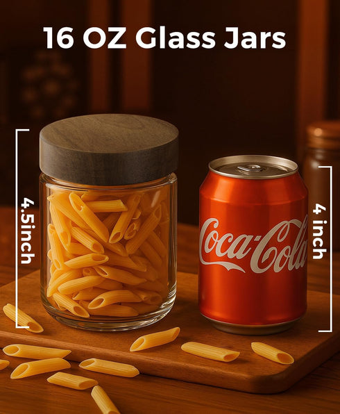 8 Pack 16oz 10oz and Overnight Oats Containers with Lids, Glass Mason Jars with Acacia Wood Airtight Lids, Wide Mouth