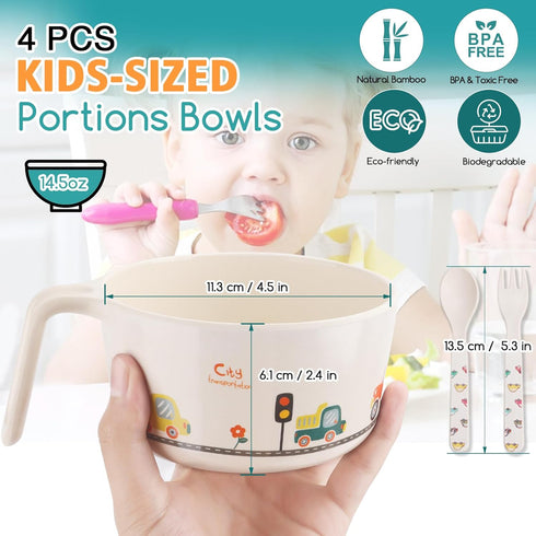 shopwithgreen Bamboo Kids Bowls Set, 4 Reusable Small Bowls with 4 Spoons & Forks, Dishwasher Safe