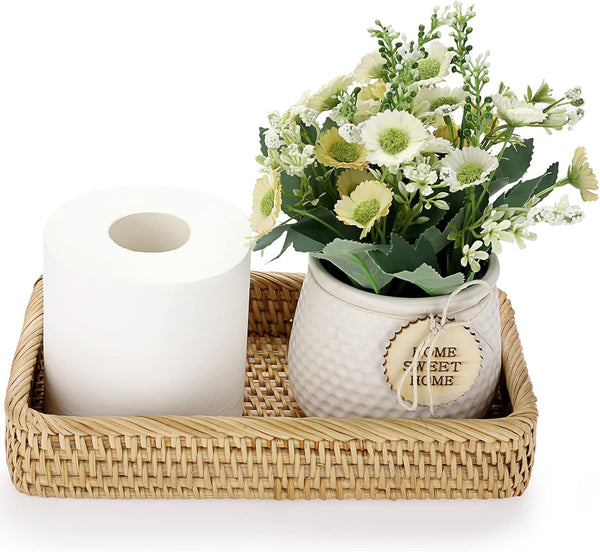Sumnacon 10 Inch Rattan Bathroom Vanity Tray, Decorative Wicker Toilet Tank Tray for Paper Hand Towel, Vintage Storage