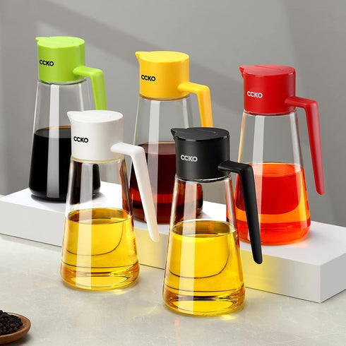CCKO 19oz Glass Olive Oil Dispenser Bottle, Auto Flip Spout, No Drip Cooking Oil Dispenser for Soy Sauce, Vinegar