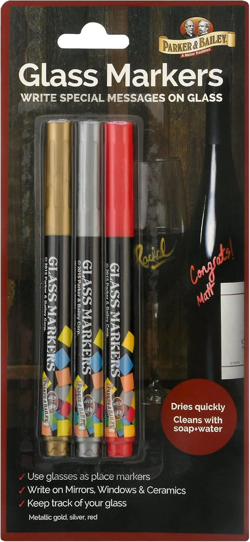 Parker & Bailey 3 Pack Glass Markers, Metallic Washable Wine Markers for Ceramics, Bottles, and Drink Glasses