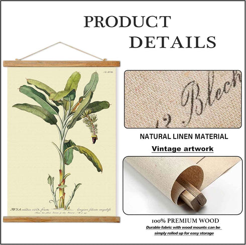 Vintage Banana Tree Poster Hanger Frame, Retro Style of Wall Art Prints, Printed on Linen with Natural Wooden Frames