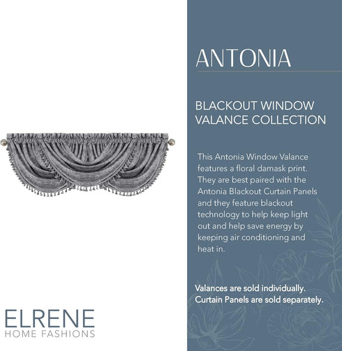 Elrene Home Fashions Antonia Floral Damask Waterfall Window Valance with Tassels, 52"x36", Silver