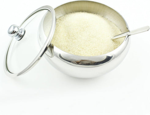 Zoie + Chloe Stainless Steel Sugar Bowl with Glass Lid, Bonus Spoon, 2 Cup Capacity (500ml)