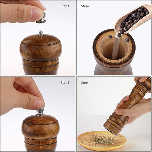 8 Inch Oak Wooden Pepper Mill Grinder - Refillable with Adjustable Coarse to Fine (1 Pack)