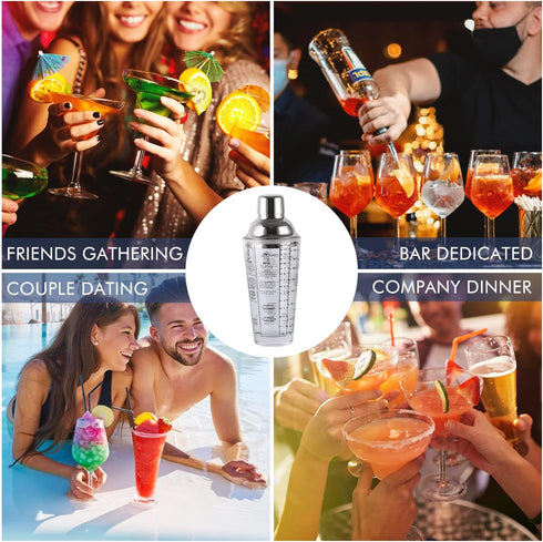 Cocktail Shaker Glass: 13.5oz Martini Shaker with Recipes on Side - Professional Bar Tool with Scale Glass