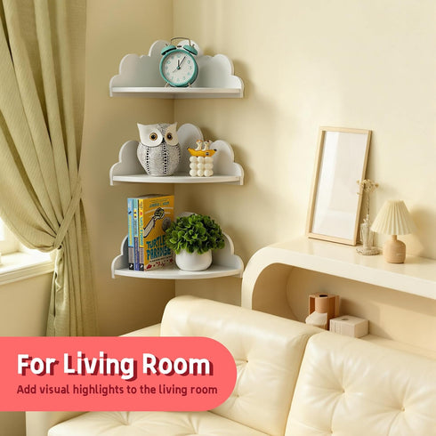 ShelvesSet 3 Cloud Corner Floating of White Corner Wall Shelf Floating Wooden Cute Wall Mounted Shelves Clouds Dispaly