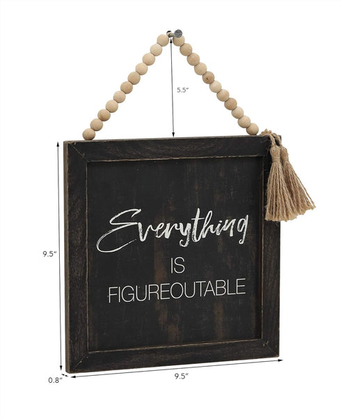 Parisloft Rustic Farmhouse Wood Hanging Decor - Everything Is Figureoutable Framed Wall Sign with Bead String Hanger,