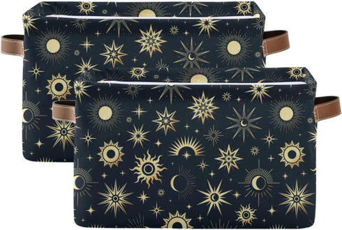 Foldable Canvas Storage Basket with Handles, Sun Moon Star Design, Durable Organizer for Nursery Kids Shelves