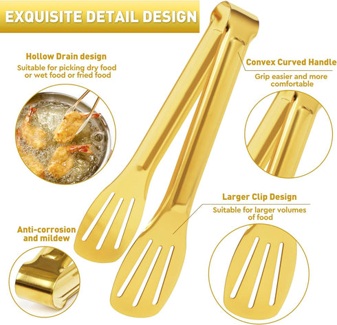 JCREN 6 Pack Serving Tongs, Stainless Steel Buffet Tongs, Small Gold Tongs Serving Set for Parties, 7 Inch
