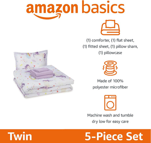 5-Piece Set Amazon Basics Soft, Easy-Wash Microfiber Kid's Bed-in-a-Bag Bedding with Sheet and Comforter, Twin, Unicorn