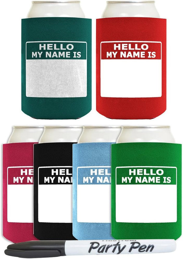 Personalized Can Cooler Hello My Name is Name Tag Set, 6-Pack Can Drink Sleeves and Marker