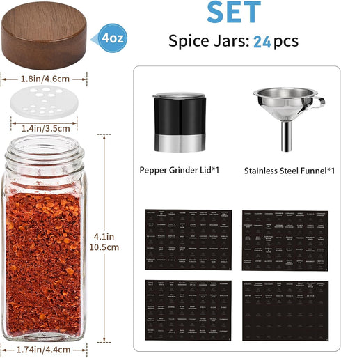 24Pcs Labels-4OZ Yangbaga Glass Spice Jars with Wood Lid Square Spice Containers with Pepper Grinder Lids