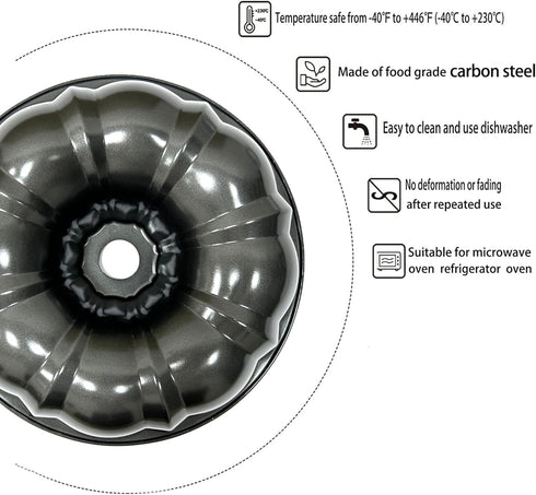 Classic Bakeware 10 Inch Non-stick Fluted Cake Pan, Heavy Duty Carbon Steel Baking Mold in Gray
