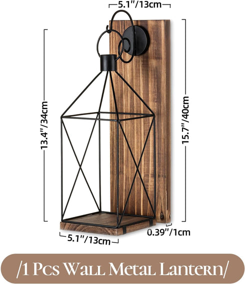 Candle Sconces Wall Decor: Farmhouse Wood Candle Holder Indoor Black Metal Lantern Decorations for Living Room Front