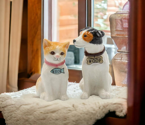 Fine Porcelain Dog and Cat Salt and Pepper Shakers Set, 3-3/8" H - 20781