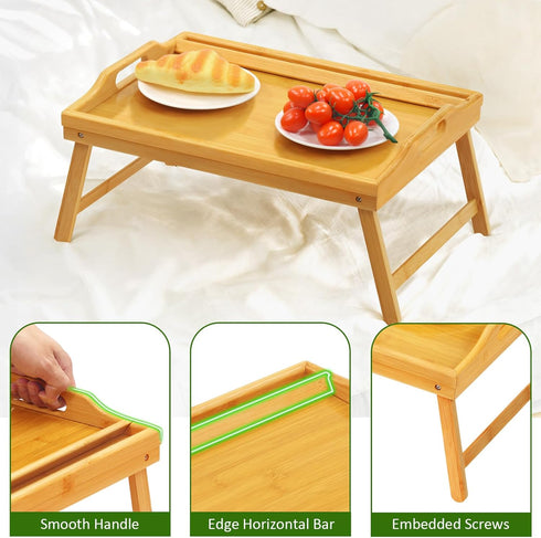 Lesnople Tray Table for Bed, Bamboo Breakfast Tray with Folding Legs and Handles, Natural Color Bed Tray with Media