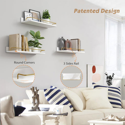 Set 3, Forbena Gold Floating Shelves for Wall Decor of Bathroom Shelves Over Toilet, Modern Display Wall Shelf