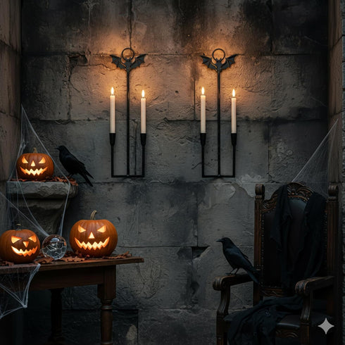 Set 2Black Wall Sconce Candle Holder Metal Hanging Wall Decorations Gothic Bat Wall Light Candle Holder for Home,Living