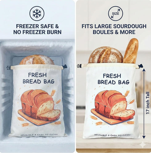 2 Pack, 17"x13" Extra Large Reusable Bread Bags for Homemade Bread - Washable & Freezer Safe Sourdough Storage, Double