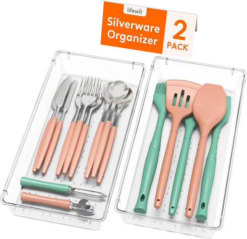 Lifewit Silverware Drawer Organizer, 5.75" x 11.65" Clear Utensil Tray, Stackable Plastic Storage Box (2 Pack)