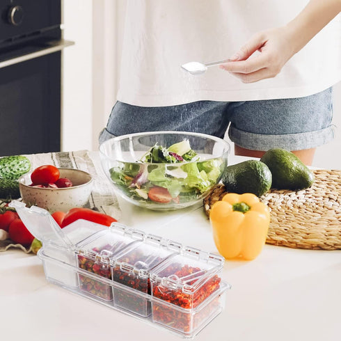 Clear Seasoning Box 4 PCS/Set, Acrylic Spice Rack with Spoon, Lid & Tray for Salt Pepper Sugar