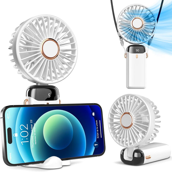 Koonie Portable Handheld Fan, Battery Operated Fan with Base, 8 Hours, Digital Display, 5 Speeds, 90° Adjustable, White