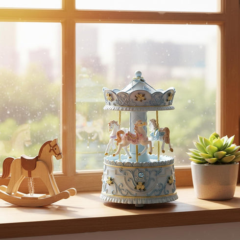 Elegant Blue Carousel Music Box,Handcrafted Rotating Horses & Floral Details Musical Figurine