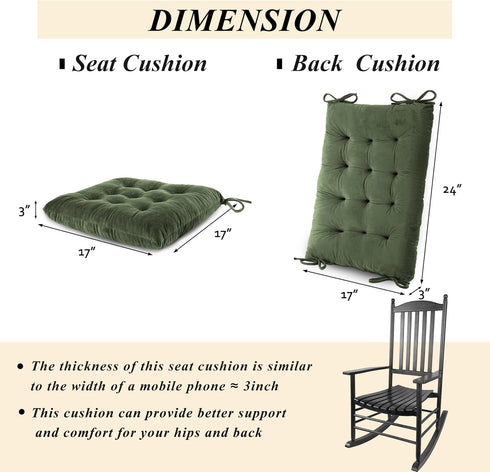 2 Set Rocking Chair Cushions Indoor Velvet Chair Pads High Back and Seat Cushion Piece Green