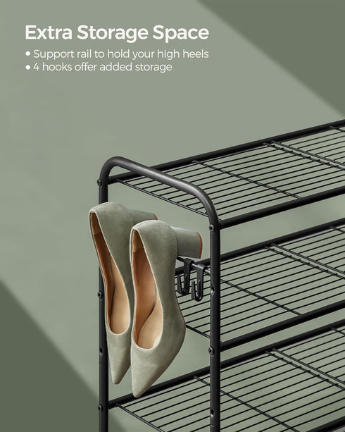 3-Tier 4 12 Closet, ULMR068B01 SONGMICS Shoe Rack, Shoe Organizer, Metal Shoe Shelf Storage with Side Hooks, Holds