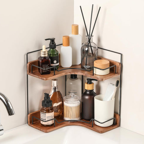 Snuvid 2-Tier Bathroom Counter Organizer, Wooden Corner Shelf for Vanity Countertop Skincare &