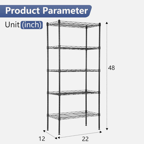 FDW 5 Tier Pantry Shelves, Adjustable Storage Rack Metal Shelf NSF Units for Kitchen, Garage, Small Places, Black