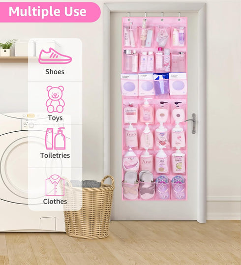 MISSLO Kids Over the Door Shoe Organizer, Pink Hanging Rack with 28 Pockets for Baby Toddler Room Decor