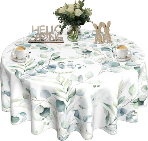 SuQKXCo Spring Eucalyptus Leaves Round Tablecloth 60 Inch Summer Tablecover Waterproof Table Cloth