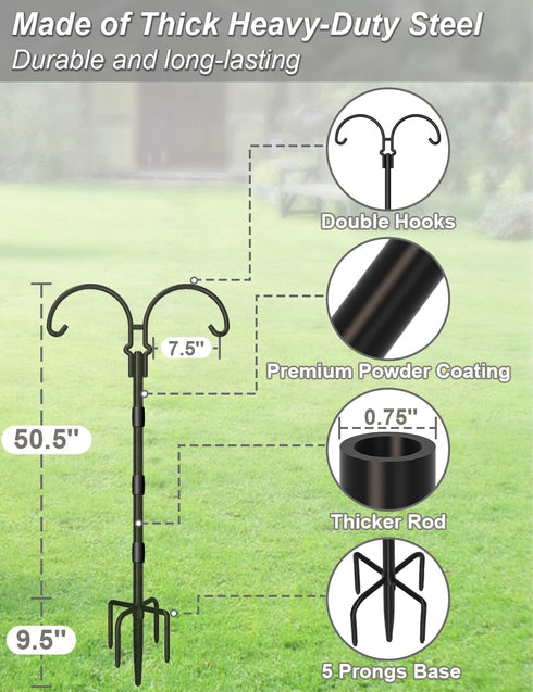 60 Inch 5 Hummingbird 1 Adjustable Double Shepherds Hooks for Outdoor with Sleeve, Heavy Duty Bird Feeder Pole Stand